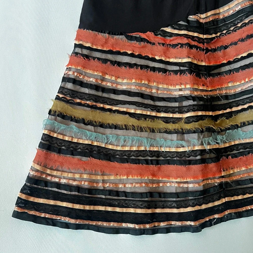 Vintage Boho Striped Tiered Pleat A-Line Midi Skirt Black Multi Color Waist 33